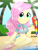 Size: 1536x2048 | Tagged: safe, artist:artmlpk, fluttershy, bird, parrot, equestria girls, g4, adorable face, adorkable, beach, beautiful, clothes, cute, design, digital art, dork, female, looking at you, midriff, outfit, palm tree, sandals, shyabetes, skirt, smiling, smiling at you, solo, swimming pool, swimsuit, tree