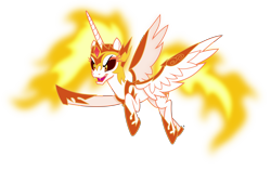 Size: 6686x4208 | Tagged: safe, artist:anime-equestria, daybreaker, alicorn, pony, a royal problem, g4, armor, evil smile, fangs, female, fire, flying, gem, grin, helmet, hoof shoes, horn, mane of fire, simple background, smiling, solo, transparent background, vector, wings
