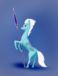 Size: 4126x5362 | Tagged: safe, artist:pegasus_fs, fleetfoot, pegasus, pony, g4, female, mare, rearing, simple background, smiling, solo, spear, weapon