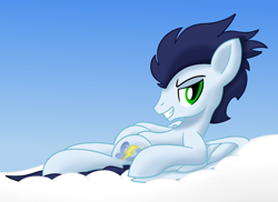 Size: 1452x1056 | Tagged: safe, artist:notadeliciouspotato, derpibooru exclusive, soarin', pegasus, pony, g4, bedroom eyes, cloud, looking at you, male, on a cloud, on back, sky, smiling, solo, spread wings, stallion, teeth, wings