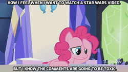Size: 1280x720 | Tagged: safe, edit, edited screencap, screencap, pinkie pie, earth pony, pony, g4, memories and more, spoiler:memories and more, spoiler:mlp friendship is forever, 9now, caption, female, friendship throne, image macro, mare, meme, star wars, text