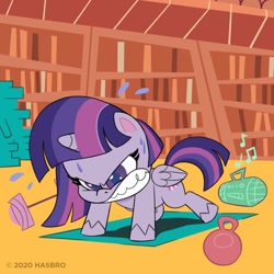 Size: 1080x1080 | Tagged: safe, part of a set, twilight sparkle, alicorn, pony, g4.5, my little pony: pony life, official, angry, barbell, book, bookshelf, exercise, female, folded wings, gritted teeth, kettlebell, mare, push-ups, radio, solo, sweat, twilight sparkle (alicorn), weight, weights, wings, workout