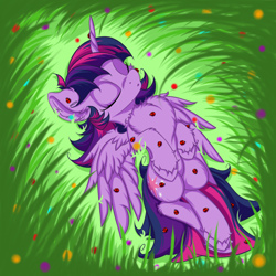 Size: 2500x2500 | Tagged: safe, artist:rurihal, twilight sparkle, alicorn, insect, ladybug, pony, g4, chest fluff, cute, ear fluff, eyes closed, female, flower, fluffy, grass, high res, hoof fluff, insect on horn, nap, on back, sleeping, solo, this will end in tears, this will not end well, twiabetes, twilight hates ladybugs, twilight sparkle (alicorn), unshorn fetlocks