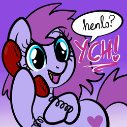 Size: 2100x2100 | Tagged: safe, artist:lannielona, pony, advertisement, commission, female, gradient background, henlo, high res, hoof hold, mare, open mouth, phone, smiling, solo, speech bubble, talking, twiddling, your character here
