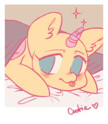 Size: 900x1034 | Tagged: safe, artist:klooda, pony, :p, advertisement, animated, bed, blinking, bust, cute, cutie, female, lying down, lying on bed, mare, pastel, polaroid, portrait, prone, solo, sparkles, tongue out, ych example, your character here