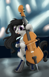 Size: 1104x1700 | Tagged: safe, artist:holka13, octavia melody, earth pony, pony, g4, bow (instrument), cello, female, loose hair, musical instrument, punk, rock (music), rocktavia, solo, spiked wristband, wristband
