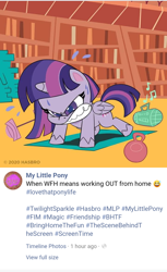 Size: 720x1175 | Tagged: safe, part of a set, twilight sparkle, alicorn, pony, g4.5, my little pony: pony life, official, barbell, book, duckery in the comments, exercise, facebook, female, kettlebell, mare, push-ups, radio, solo, sweat, twilight sparkle (alicorn), weight, weights, workout