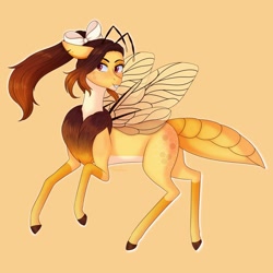 Size: 1280x1280 | Tagged: safe, artist:moonwolf96, oc, oc only, oc:kloh, bee pony, original species, female, simple background, solo, yellow background