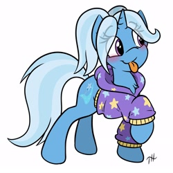 Size: 1600x1600 | Tagged: safe, alternate version, artist:fakskis, trixie, pony, unicorn, :p, alternate hairstyle, babysitter trixie, blushing, chest fluff, clothes, cute, cutie mark, diatrixes, eye clipping through hair, female, gameloft, gameloft interpretation, hoodie, horn, mare, pigtails, simple background, solo, tongue out, twintails, white background