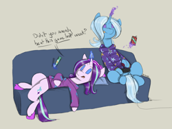 Size: 1600x1200 | Tagged: safe, artist:sinrar, starlight glimmer, trixie, pony, unicorn, babysitter trixie, cellphone, clothes, controller, couch, couch potato, gameloft, gameloft interpretation, hoodie, joystick, lounging, magic, phone, sketch, slippers, smartphone, soda, tongue out