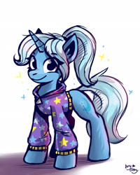 Size: 1800x2248 | Tagged: safe, artist:ami-gami, trixie, pony, unicorn, g4, alternate hairstyle, babysitter trixie, clothes, cute, diatrixes, female, hoodie, looking at you, mare, ponytail, simple background, smiling, solo, sparkles, white background