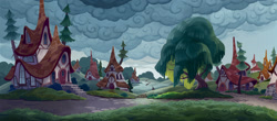 Size: 1920x841 | Tagged: safe, artist:laura bifano, g4, my little pony: the movie, background, cloud, cloudy, digital art, house, no pony, overcast, scenery, scenery porn, stormcloud, tempest's village, town, tree