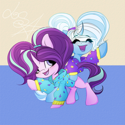 Size: 1080x1080 | Tagged: safe, artist:sheillyde, gameloft, starlight glimmer, trixie, pony, unicorn, g4, alternate hairstyle, babysitter trixie, clothes, duo, eyes closed, gameloft interpretation, hoodie, open mouth, pigtails