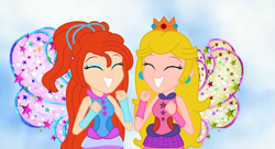 Size: 1422x771 | Tagged: safe, artist:diamond-bases, artist:diamondlbases, artist:user15432, artist:venjix5, fairy, human, equestria girls, g4, barely eqg related, base used, bloom (winx club), blue sky, blue wings, clothes, cosmix, crossover, crown, duo, ear piercing, earring, equestria girls style, equestria girls-ified, eyes closed, fairies, fairies are magic, fairy wings, fairyized, flying, gloves, jewelry, nintendo, piercing, pink wings, princess peach, rainbow s.r.l, regalia, sky, smiling, super mario bros., wings, winx, winx club, winxified