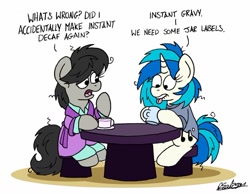 Size: 1024x793 | Tagged: safe, artist:bobthedalek, dj pon-3, octavia melody, vinyl scratch, earth pony, pony, unicorn, g4, bathrobe, bed mane, chair, clothes, cup, duo, female, messy mane, morning ponies, pajamas, robe, saucer, table, teacup, tongue out