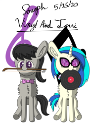 Size: 2275x3065 | Tagged: safe, artist:solder point, dj pon-3, octavia melody, vinyl scratch, earth pony, pony, unicorn, g4, abstract background, bow, bowtie, cel shading, colored, cute, digital art, duo, glasses, happy, headphones, high res, mouth hold, record, shading, signature, sitting, smiling, tavibetes, vinylbetes