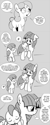 Size: 960x2400 | Tagged: safe, artist:mamatwilightsparkle, spike, twilight sparkle, oc, oc:lilian, dragon, pony, unicorn, tumblr:mama twilight sparkle, g4, baby, baby spike, blind in one eye, clothes, comic, mama twilight, monochrome, overalls, sleeping, tumblr, younger
