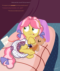 Size: 2200x2585 | Tagged: safe, artist:thunderdasher07, kettle corn, earth pony, pony, g4, bow, camping, crinkle, descriptive noise, diaper, diaper fetish, female, fetish, filly, hair bow, high res, hoof fluff, implied apple bloom, implied bedwetting, implied cutie mark crusaders, implied scootaloo, implied sweetie belle, leg fluff, lying down, non-baby in diaper, note, offscreen character, on side, onomatopoeia, pigtails, pillow, poofy diaper, show accurate, sleeping bag, solo, tail, tail bow, tail hole, teddy bear, tent
