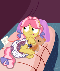 Size: 2200x2585 | Tagged: safe, alternate version, artist:thunderdasher07, kettle corn, earth pony, pony, g4, bow, camping, diaper, diaper fetish, female, fetish, filly, hair bow, high res, hoof fluff, implied bedwetting, leg fluff, lying down, non-baby in diaper, note, on side, pigtails, pillow, poofy diaper, show accurate, sleeping bag, solo, tail, tail bow, tail hole, teddy bear, tent