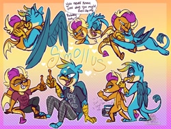 Size: 1080x810 | Tagged: safe, artist:g-elric, gallus, smolder, dragon, griffon, g4, alcohol, beer, beer bottle, bottle, clothes, cuddling, dancing, don't you forget about me, female, kissing, male, pants, radio, shipping, shirt, simple minds, smollus, straight, the breakfast club