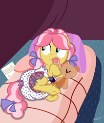 Size: 2200x2585 | Tagged: safe, alternate version, artist:thunderdasher07, kettle corn, earth pony, pony, g4, bow, camping, diaper, diaper fetish, female, fetish, filly, hair bow, high res, hoof fluff, implied bedwetting, leg fluff, lying down, non-baby in diaper, note, on side, pacifier, pigtails, pillow, poofy diaper, show accurate, sleeping bag, solo, tail, tail bow, tail hole, teddy bear, tent