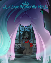 Size: 3057x3736 | Tagged: safe, artist:arctic-fox, oc, oc only, oc:axl, oc:sapphire night, alicorn, earth pony, pony, alicorn oc, butt, castle, clothes, commission, female, fog, for your eyes only, framed by legs, gate, high res, horn, jewelry, male, mare, necklace, plot, scarf, spooky, stallion, sunglasses, wings