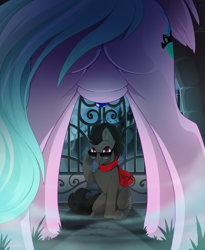 Size: 3057x3736 | Tagged: safe, alternate version, artist:arctic-fox, oc, oc only, oc:axl, oc:sapphire night, alicorn, earth pony, pony, alicorn oc, butt, castle, clothes, commission, female, fog, framed by legs, gate, high res, horn, jewelry, male, mare, necklace, plot, scarf, spooky, stallion, sunglasses, wings
