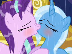 Size: 800x600 | Tagged: safe, artist:perplexedpegasus, artist:themune, starlight glimmer, trixie, pony, unicorn, g4, alternate hairstyle, base used, blushing, duo, female, hug, kiss on the lips, kissing, lesbian, mare, rain, ship:startrix, shipping, show accurate, wet, wet mane