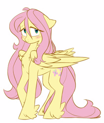 Size: 1776x2100 | Tagged: safe, artist:chub-wub, fluttershy, pegasus, pony, g4, ahoge, blushing, chest fluff, cute, feathered fetlocks, female, floppy ears, folded wings, hair antenna, leg fluff, mare, neck fluff, shyabetes, simple background, solo, standing, stray strand, three quarter view, white background, wings