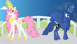 Size: 1500x861 | Tagged: safe, artist:ambears, artist:theambears, princess celestia, princess luna, alicorn, pony, lullaby for a princess, g4, balcony, day, female, jealous, magic, night, opposite, pink-mane celestia, role reversal, s1 luna, siblings, sisters