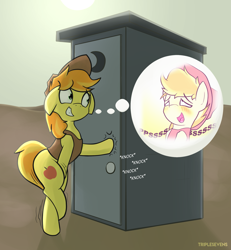 Size: 2041x2207 | Tagged: safe, artist:triplesevens, braeburn, earth pony, pony, g4, bipedal, blushing, crossed legs, desert, desperate, desperation, high res, implied pissing, implied urine, knocking, male, need to pee, omorashi, outdoors, outhouse, peegasm, potty dance, potty emergency, potty time, solo, thought bubble