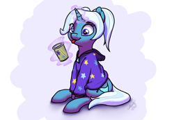 Size: 1854x1284 | Tagged: safe, artist:wallparty, trixie, pony, unicorn, :p, alternate hairstyle, babysitter trixie, clothes, coffee cup, cup, cute, diatrixes, eye clipping through hair, female, gameloft, gameloft interpretation, hoodie, magic, mare, pigtails, simple background, sitting, solo, telekinesis, tongue out
