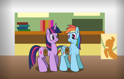 Size: 1600x1024 | Tagged: safe, artist:platinumdrop, rainbow dash, twilight sparkle, pony, unicorn, g4, bag, bookshelf, classroom, request, saddle bag, unicorn twilight