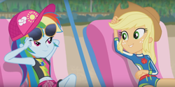 Size: 1296x646 | Tagged: safe, screencap, applejack, rainbow dash, equestria girls, g4, lost and found, my little pony equestria girls: better together, beach, beautiful, belly button, clothes, female, friends, geode of super speed, geode of super strength, glasses, looking at each other, magical geodes, midriff, sexy, sleeveless, smiling, swimsuit