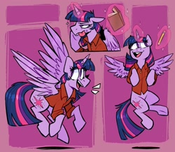 Size: 1500x1300 | Tagged: safe, artist:klhpyro, twilight sparkle, oc, oc only, oc:acesential, alicorn, pony, g4, book, clothes, female, glowing horn, horn, magic, magic aura, pencil, polo shirt, shirt, solo, twilight sparkle (alicorn)
