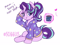 Size: 4000x3000 | Tagged: safe, artist:sciggles, starlight glimmer, pony, unicorn, g4, alternate hairstyle, chest fluff, clothes, clothes swap, coffee, coffee mug, dialogue, female, floating heart, heart, high res, hoodie, implied lesbian, implied shipping, implied startrix, magic, magic aura, mare, morning ponies, mug, offscreen character, ponytail, simple background, solo, white background