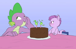 Size: 1206x780 | Tagged: safe, artist:carnifex, spike, oc, oc:lavender, dracony, dragon, hybrid, pony, g4, :t, birthday cake, blue background, blushing, cake, candle, cute, father and child, father and daughter, female, fire, food, glare, grumpy, interspecies offspring, joke, lavender is not amused, looking away, male, nose wrinkle, ocbetes, offspring, older, older spike, parent:rarity, parent:spike, parents:sparity, pouting, puffy cheeks, scrunchy face, simple background, smiling, spikabetes, trollspike, unamused