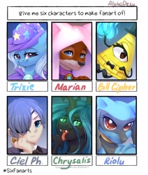 Size: 1242x1464 | Tagged: safe, artist:alphadesu, queen chrysalis, trixie, changeling, changeling queen, fox, human, pony, riolu, unicorn, anthro, g4, :p, anthro with ponies, bill cipher, black butler, bowtie, bust, ciel phantomhive, clothes, crossover, disney's robin hood, female, fire, gravity falls, hair over one eye, hat, horn, maid marian, male, open mouth, pokémon, robin hood, six fanarts, tongue out