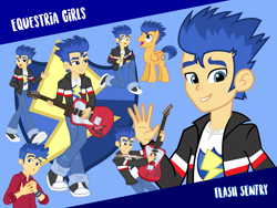 Size: 1440x1080 | Tagged: safe, flash sentry, pegasus, pony, cheer you on, equestria girls, g4, my little pony equestria girls: better together, clothes, cute, cutie mark, dress, guitar, jacket, male, musical instrument, open mouth, pants, shoes, sneakers, stallion, vector, wallpaper
