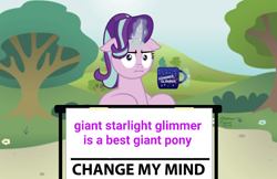 Size: 1024x662 | Tagged: safe, artist:calebtyink, starlight glimmer, pony, unicorn, g4, change my mind, engrish, female, floppy ears, giant starlight glimmer, meme, solo