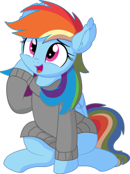 Size: 5766x7699 | Tagged: safe, artist:cyanlightning, rainbow dash, pegasus, pony, g4, .svg available, absurd resolution, clothes, cute, dashabetes, ear fluff, female, folded wings, looking up, mare, open mouth, simple background, sitting, solo, sweater, transparent background, vector, wings