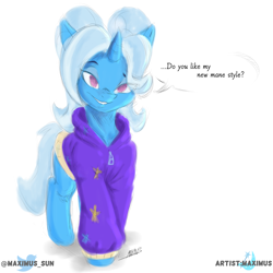 Size: 4000x4000 | Tagged: safe, artist:maximus, trixie, pony, unicorn, g4, absurd resolution, alternate hairstyle, babysitter trixie, bedroom eyes, bronybait, clothes, dialogue, female, gameloft interpretation, hoodie, pigtails, simple background, smiling, solo, speech bubble, white background