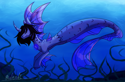 Size: 4425x2878 | Tagged: safe, artist:qwertichan, siren, cloven hooves, commission, curved horn, fins, fish tail, horn, kellin quinn, male, ocean, ponified, scales, signature, sleeping with sirens, solo, swimming, underwater, water, ych result