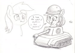 Size: 1674x1178 | Tagged: safe, artist:lost marbles, derpy hooves, pegasus, pony, g4, helmet, open mouth, pencil drawing, tank (vehicle), text, traditional art