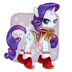 Size: 1024x1024 | Tagged: safe, artist:han_hyui, rarity, pony, unicorn, g4, abstract background, boots, christmas, cute, deviantart watermark, female, holiday, looking at you, mare, obtrusive watermark, raribetes, saddle, shoes, snow, snowflake, solo, tack, watermark