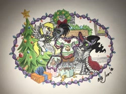 Size: 2048x1536 | Tagged: safe, artist:jim miller, derpy hooves, king sombra, pegasus, pony, unicorn, g4, cape, christmas, christmas tree, clothes, crown, curved horn, dark magic, duo, female, fireplace, flying, helmet, holiday, hoof shoes, horn, indoors, jewelry, levitation, magic, male, mare, peytral, present, regalia, sombra eyes, stallion, sweater, telekinesis, traditional art, tree