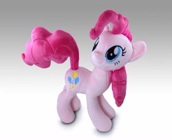 Size: 1280x1037 | Tagged: safe, artist:planetplush, pinkie pie, earth pony, pony, g4, female, gradient background, irl, mare, photo, plushie, raised tail, smiling, solo, standing, tail