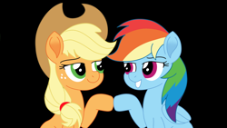 Size: 1280x720 | Tagged: dead source, safe, artist:juggybuggy305, applejack, rainbow dash, pony, g4, black background, female, lesbian, movie accurate, ship:appledash, shipping, simple background