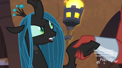 Size: 808x449 | Tagged: safe, screencap, lord tirek, queen chrysalis, changeling, g4, the ending of the end, discovery family logo, female, holding hooves, male, offscreen character, shipping fuel, solo focus