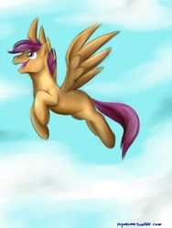 Size: 750x1000 | Tagged: source needed, safe, artist:yaywewon, scootaloo, pegasus, pony, g4, cloud, female, flying, happy, scootaloo can fly, sky, solo